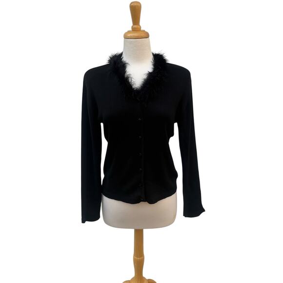 VTG Y2K Clio Cardigan Top L Silk Blend Black Feather Neckline Whimsigoth Witchy - Picture 2 of 9